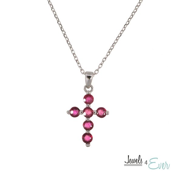 Sterling Silver Cross Ruby Pendant and Chain - Picture 1 of 2